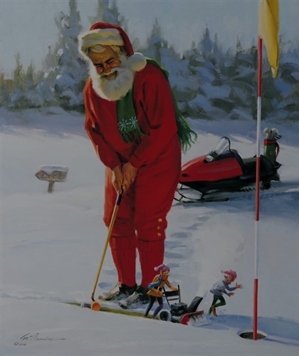 Bild på jultomten som golfar
